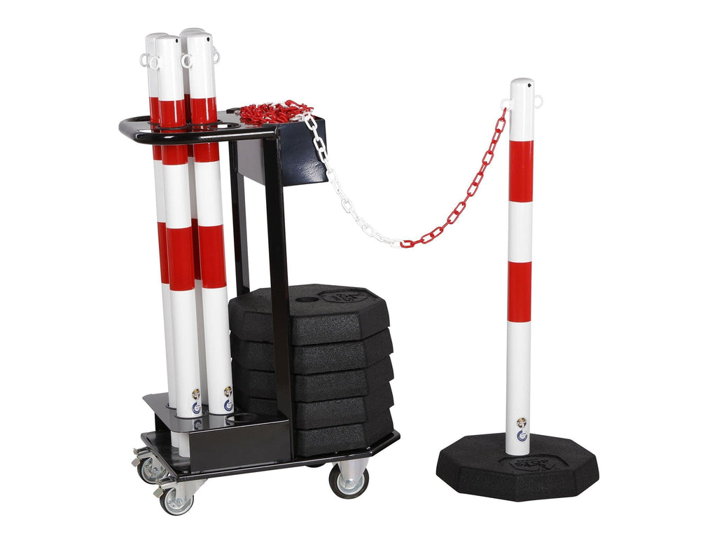 Kædestandervogn m 6 stk rød/hvid standere og kæde - Backner ApS