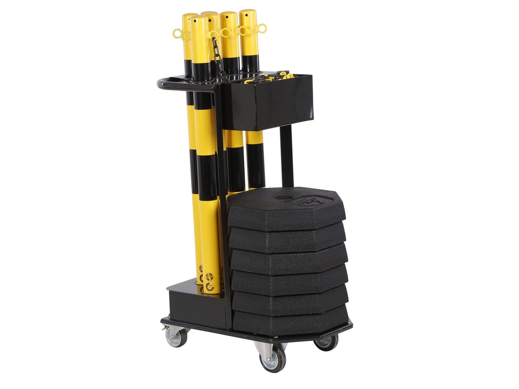 Kædestandervogn m 6 stk  gul/sort standere og kæde - Backner ApS