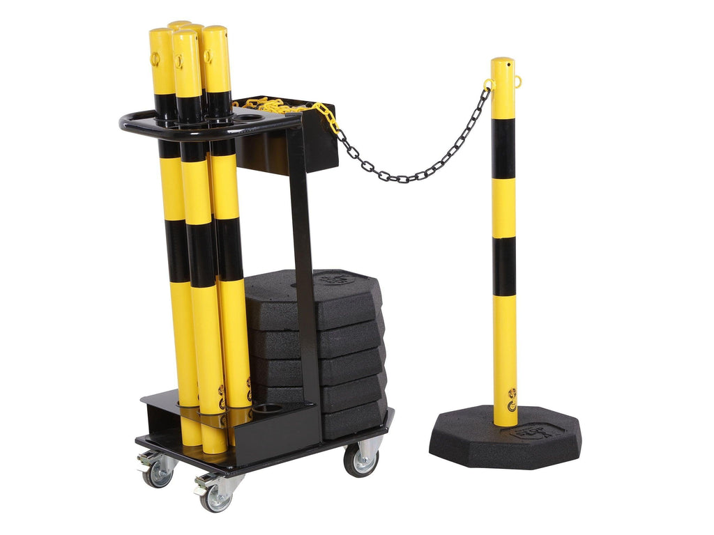 Kædestandervogn m 6 stk  gul/sort standere og kæde - Backner ApS