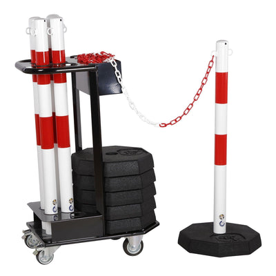 Kædestandervogn m 6 stk rød/hvid standere og kæde - Backner ApS